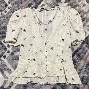 Zara white short sleeve Peplum Blouse with Floral Embroidery